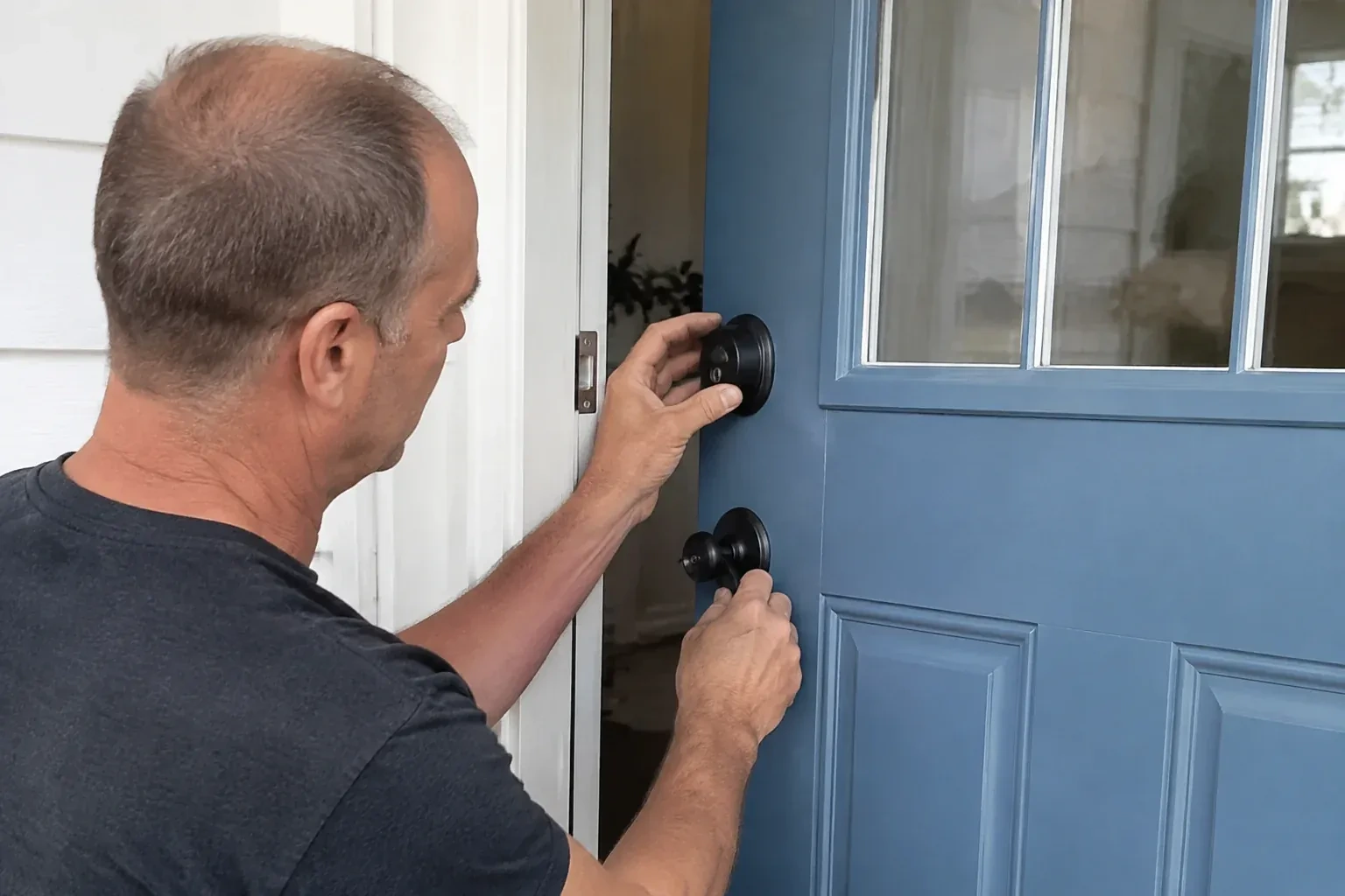 Person holding the black deadbolt and doorknob of a partly open blue front door. — Deadbolt Installation, Hamilton