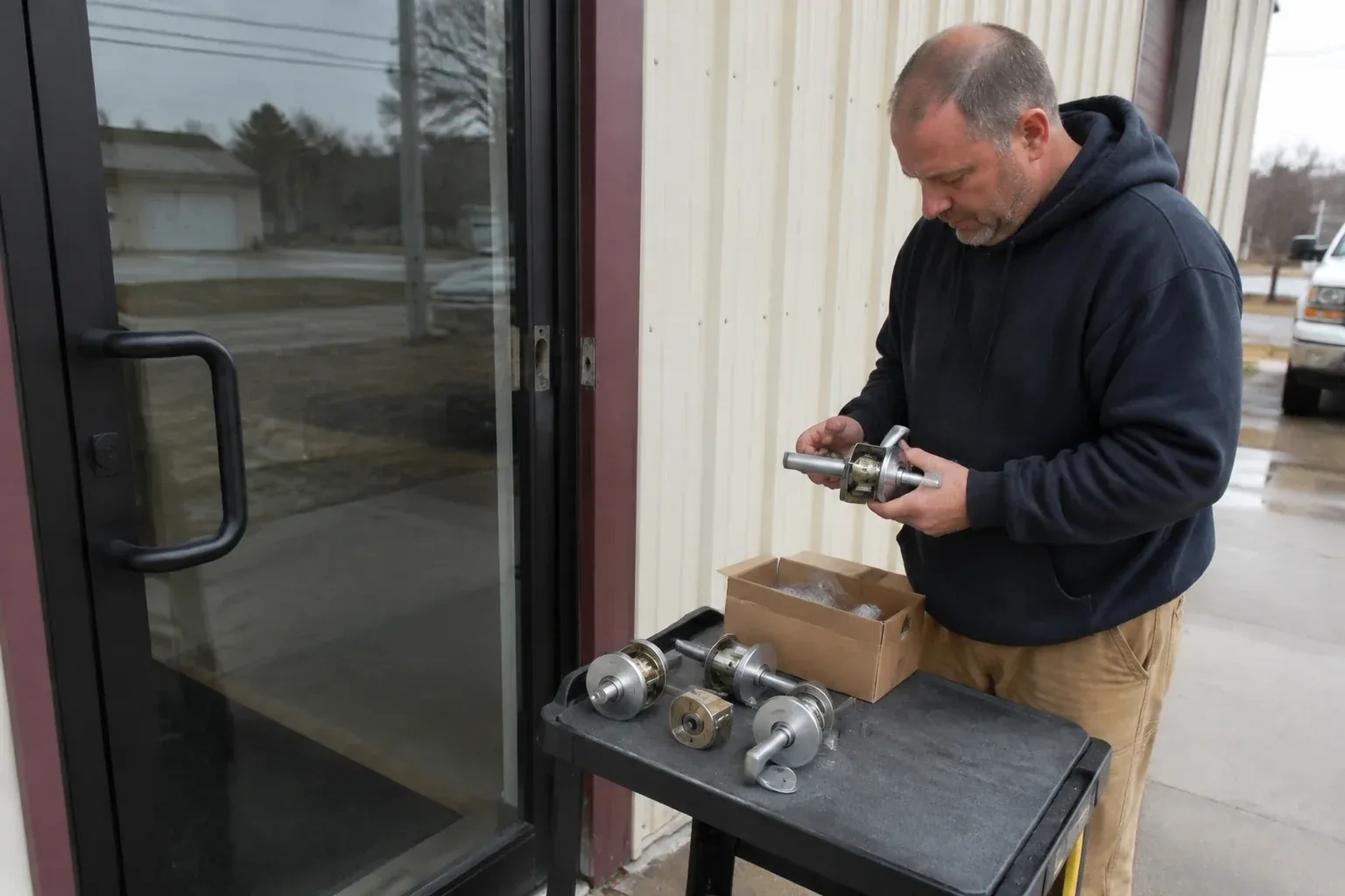 Person holding a door-handle assembly beside a glazed entrance, with more handle and lock components on a cart. — Commercial-Grade Lock Replacement, Hamilton