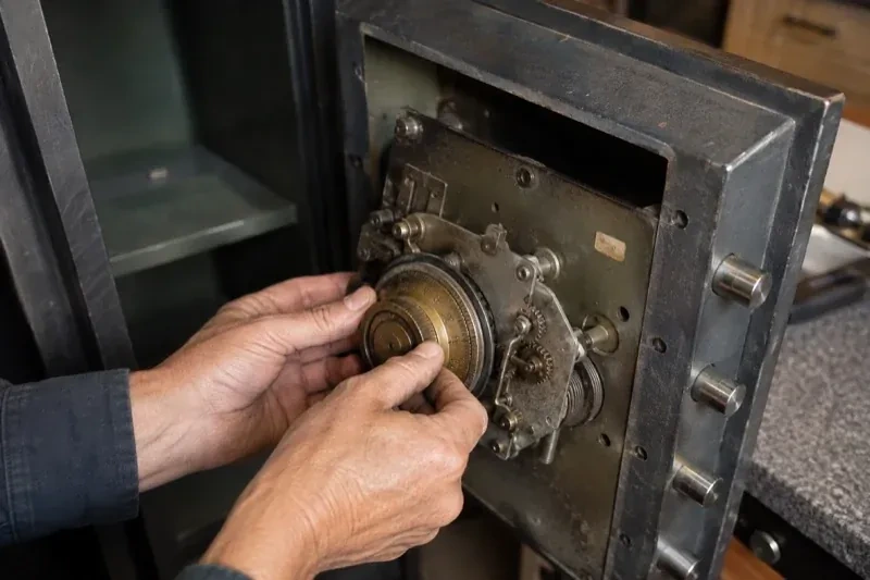 Hands holding a round metal component against the exposed mechanism inside an open safe door. — Safe Opening & Combination Change, Hamilton