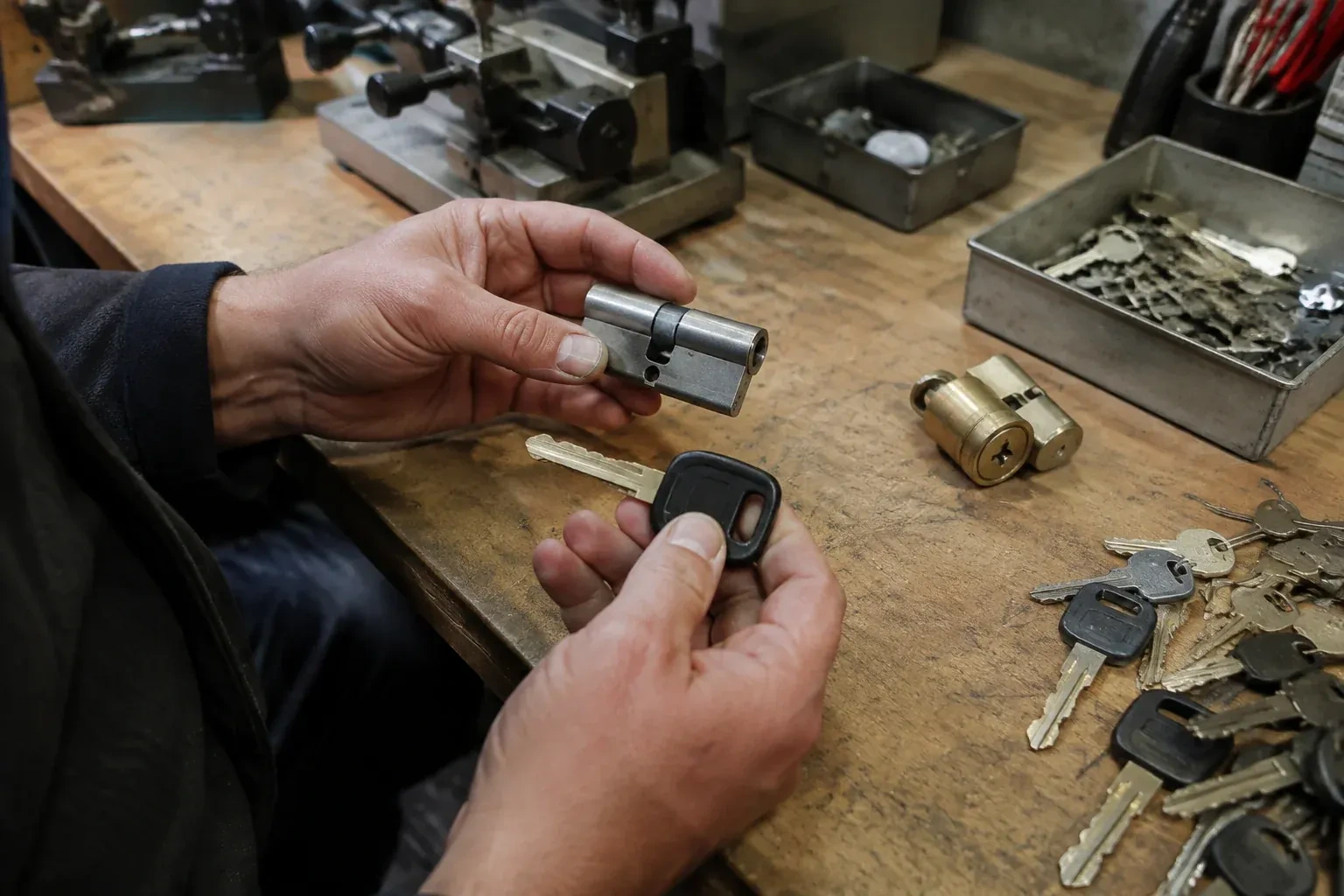 Hands holding a silver-colored lock cylinder and a black-headed key above a workbench with loose keys and another cylinder. — Spare Car Key Duplication, Hamilton
