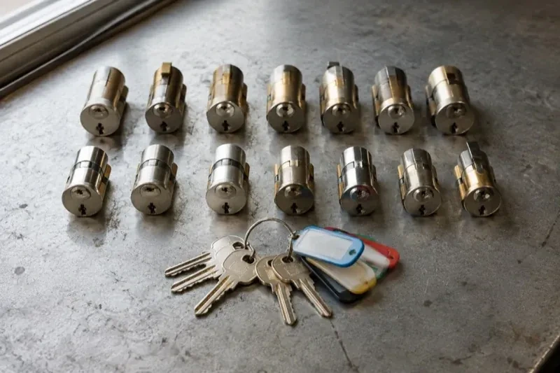 Two rows of lock cylinders on a metal surface with keys and colored key tags in front. — Master Key System Design, Hamilton