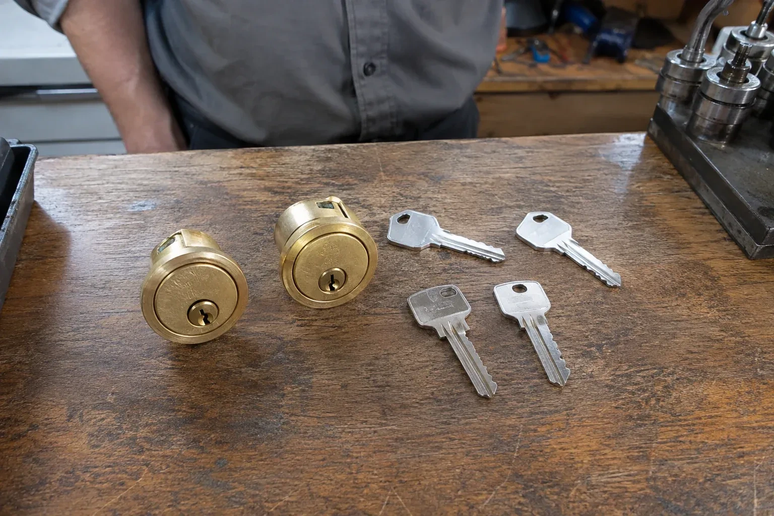Two detached brass lock cylinders and four house keys on a wooden counter. — Lock Rekeying, Hamilton