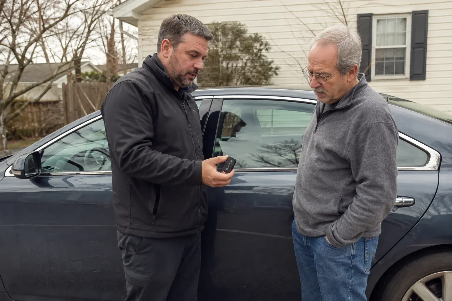 Two people beside a dark sedan, one holding up a black key fob. — Car Lockout Service, Hamilton