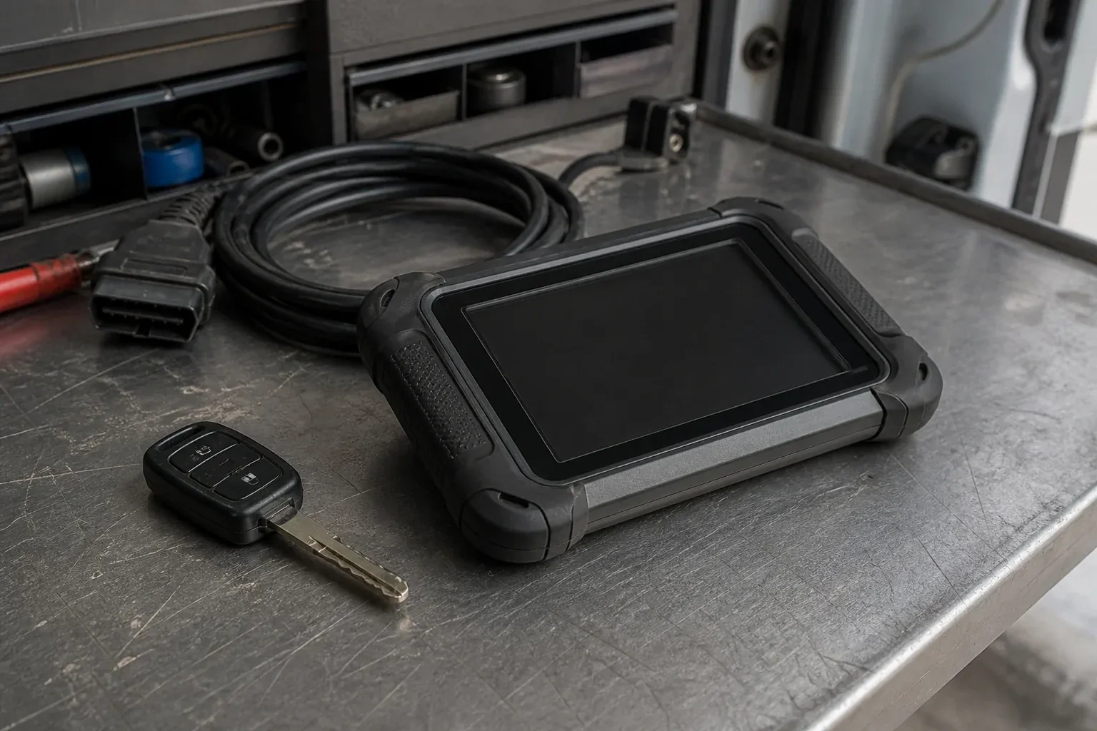 Vehicle key beside a dark diagnostic tablet and coiled connector cable on a workbench. — Transponder Key Programming, Hamilton